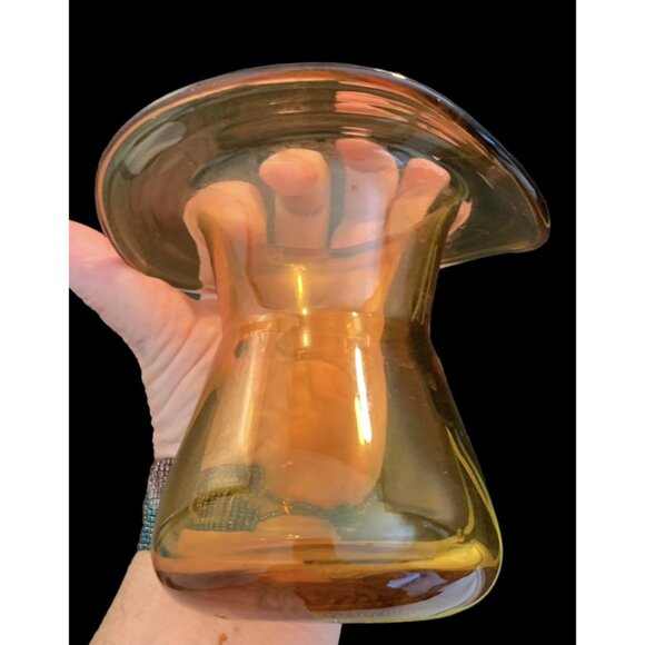 Vintage Amber Art Glass Vase Jar Candle Holder Ruffle FLANGE Small Hand Blown - Picture 4 of 9